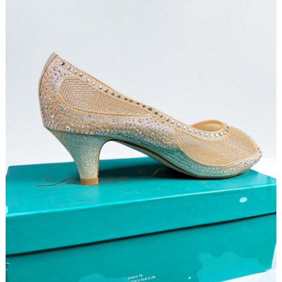 Lauren Lorraine Gold Rhinestone Peep Toe Heels Size 3 NIB Sparkly Formal Shoes - Picture 3 of 9